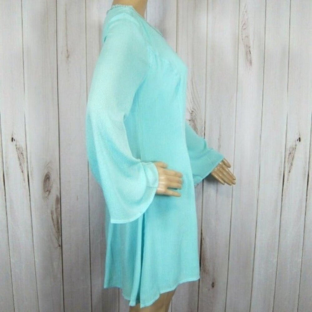 Small A-line Mini Dress Aqua Teal Blue Long Bell Sleeves w/ Lace Scoop Neck NEW - Picture 6 of 12